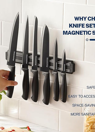 Kitchen Knife Set with No Drilling Magnetic Strip for Kitchen Black Titanium Small Cooking Knives, Sharp Stainless Steel Chef Knife Set for Cutting Meat & Vegetable