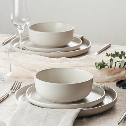 Famiware Milkyway Plates and Bowls Sets, 12 Pieces Dinnerware Sets, Reactive Glaze Dish Set, Stoneware Dishes Set for 4, Matte Beige White