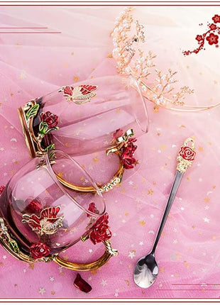 Handicraft Crystal Glass 3D Flower Cups Tea Mug With Tea Spoon Women Coffee, Tea, Juice, Beer, Milk Hot And Cold Drinks Use Gift Package. (Red Rose-Tal)