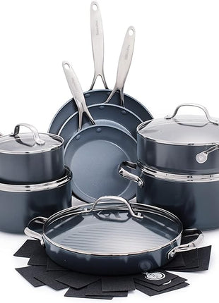GreenPan 16 Piece Valencia Pro Ceramic Nonstick Cookware Set, PFAS-Free, Induction Ready, Hard Anodized Pots & Pans with Lids, Compatible on All Cooktops, Dishwasher & Oven Safe, Gray