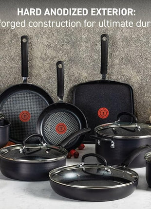 T-Fal Ultimate Hard Anodized Nonstick Cookware Set 17 Piece, Nonstick Pots and Pans Set with Fry Pan, Saucepans, Saute-Pan, Griddle, Dishwasher Safe, Black