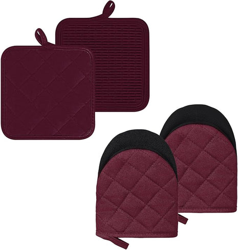 Oven Mitts and Pot Holders Set, Pack of 4, Heat Resistant Silicone Kitchen Mini Oven Mittens for 500 Degrees, Mini Oven Gloves and Hot Pads for Baking Grilling Barbecue Microwave Machine Washable
