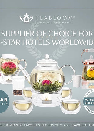 Teabloom Stovetop & Microwave Safe Glass Teapot with Removable Loose Tea Glass Infuser – Includes 2 Blooming Teas – 2-in-1 Tea Kettle and Tea Maker – Tea Purist's Choice