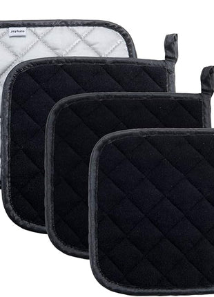 Joyhalo 4 Pack Pot Holders - Heat Resistant Oven Hot Pads, Terry Cloth, Black
