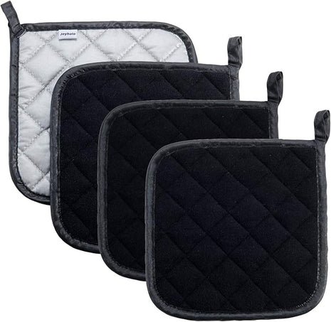 Joyhalo 4 Pack Pot Holders - Heat Resistant Oven Hot Pads, Terry Cloth, Black