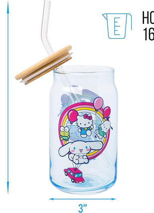 Silver Buffalo Sanrio Hello Kitty & Friends Floating Car Balloons Featuring Cinnamoroll, Pochacco, and Keroppi Glass Jar Tumbler with Bamboo Lid and Glass Straw, 16 Ounces