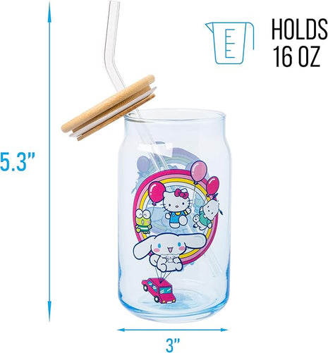 Silver Buffalo Sanrio Hello Kitty & Friends Floating Car Balloons Featuring Cinnamoroll, Pochacco, and Keroppi Glass Jar Tumbler with Bamboo Lid and Glass Straw, 16 Ounces