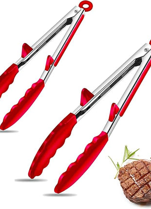Silicone Tongs for Air Fryer, 2 Pack, Red Color, Premium Silicone BPA Free Non-Stick Stainless Steel Locking Food Tongs, 9-Inch and 12-Inch