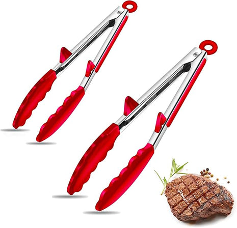 Silicone Tongs for Air Fryer, 2 Pack, Red Color, Premium Silicone BPA Free Non-Stick Stainless Steel Locking Food Tongs, 9-Inch and 12-Inch