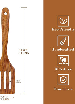 FJNATINH Wooden Slotted Spatula for Cooking, Nonstick Teak Slotted Turner, Flat Wooden Kitchen Cooking Spatula Turner for Frying Flipping Kitchen Utensil Pancake
