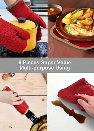 KEGOUU Oven Mitts and Pot Holders 6pcs Set, Kitchen Oven Glove High Heat Resistant 500 Degree Extra Long Oven Mitts and Potholder with Non-Slip Silicone Surface for Cooking (Red)