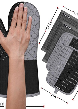 Oven Mitts and Pot Holders Sets 6pcs, Kitchen Oven Glove,High Heat Resistant 550 Degree Extra Long Oven Mitts and Potholders with Non-Slip Silicone Surface for Home Essentials (Grey) (Matte Black)