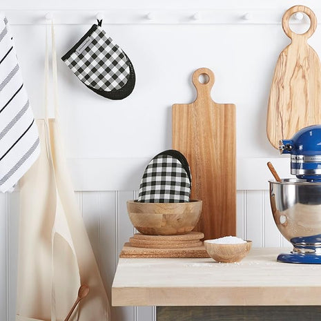 KITCHENAID Gingham Mini Oven Mitt 2-Pack Set, Matte Black, 5.5"x8"