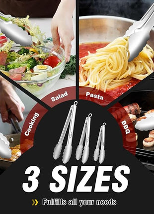 Walfos Kitchen Tongs for Cooking, 600℉ Heat Resistant Stainless Steel Tongs, All Metal Heavy Duty Tongs For Food ,BBQ Grilling - 7 ，9 and 12 Inch ,Set of 3