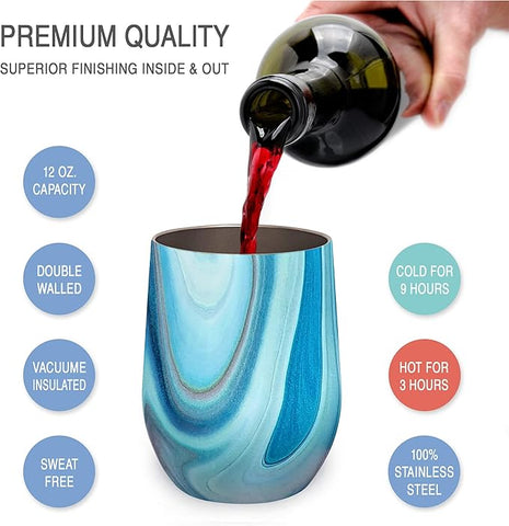 CHILLOUT LIFE 12 oz Stainless Steel Wine Tumblers 4 Pack - Double Wall Vacuum Insulated Wine Glasses Cups with Lids and Straws Set Keeping Cold & Hot for Coffee, Beer, Ice Cream - Ocean Marble Pattern