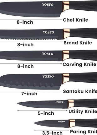 Stainless Steel Chef Knife Set, 6 Piece - Includes 8" Chef, 8" Bread, 7" Santoku, 5" Utility, 8" Carving & 3.5" Paring Knives (Black)