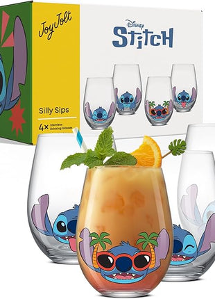JoyJolt Disney Stitch Silly Sips Stemless Drinking Glasses, 19oz Teardrop Glass Cups, Glass Tumbler Cup Set of 4, Stitch Stuff, Lilo and Stitch Gifts, Disney Gifts for Adults