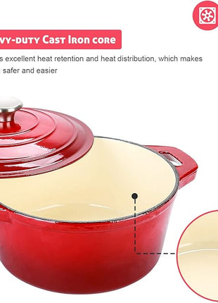 Puricon 5.5 Quart Enameled Cast Iron Dutch Oven with Lid, 5.5 QT Deep Round Dutch Oven Pot with Dual Handles -Red