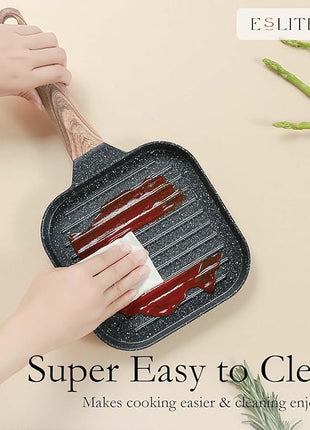 ESLITE LIFE 7 Inch Nonstick Small Grill Pan for Indoor Cooking, Versatile Induction Square Grilling Skillet Steak Pan for Stove Tops, PTFE & PFOA Free, Black