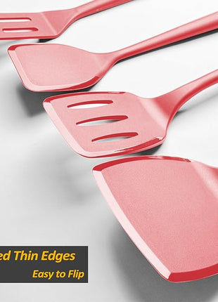 Silicone Pancake Spatula Turner with Lengthened Handle& Seamless Design, Heat Resistant Cooking Spatulas for Nonstick Cookware, Large Flexible Kitchen Utensils, Flipper for Egg, Pancake, Burger, Red