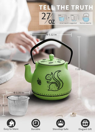 Toptier Teapot with Removable Infuser, Cast Iron Tea Kettle Stovetop Safe, Squirrel Design Tea Pot Coated with Enameled Interior for 32 Ounce (950 ml), Bright Green