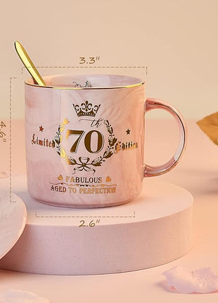 70th Birthday Gifts for Women - Aged to Perfection Coffee Mug - Unique Birthday Present for Grandma Mum Wife Girl Friend Sister - Pink Marble Mug for Coffee Lovers 14Oz Tea Cup Gift Boxed