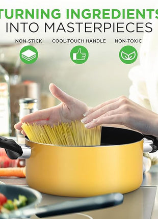 NutriChef 15-Piece Non Stick Kitchen Cookware Set PFOA/PFOS-Free, Colorful Heat Resistant Lacquer w/Saucepot, Frying Pans, Oven Pot, Lids, 5 Utensil - NCCWCOR15