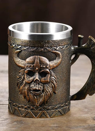 Arola Viking Axe Mug, Stainless Steel Horn Beer Cup, Viking Warrior Skull Cup Tankard, Drinking Cup Coffee Beer Steins,Medieval Skull Drinkware Mug for Coffee/Beverage/Juice17oz Gift for Men