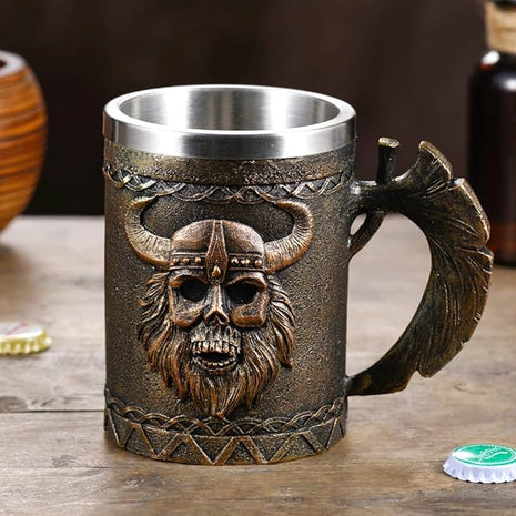 Arola Viking Axe Mug, Stainless Steel Horn Beer Cup, Viking Warrior Skull Cup Tankard, Drinking Cup Coffee Beer Steins,Medieval Skull Drinkware Mug for Coffee/Beverage/Juice17oz Gift for Men