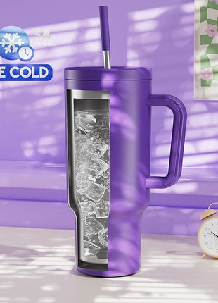 Meoky 40 oz Tumbler with Handle and Straw: Stainless Steel Insulated Tumbler with Lid and Straw - 100% Leak Proof Tumbler for Car Cup Holders - Travelers Commuters Workers, Purple