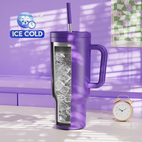 Meoky 40 oz Tumbler with Handle and Straw: Stainless Steel Insulated Tumbler with Lid and Straw - 100% Leak Proof Tumbler for Car Cup Holders - Travelers Commuters Workers, Purple