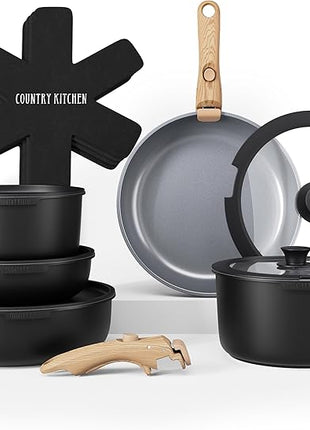 Country Kitchen Cookware Set with Removable Handle, Oven & RV Safe Pots and Pans Set, Black/Grey Wood Handle, Original