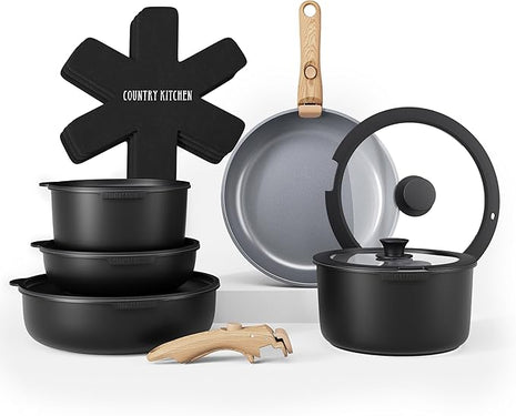 Country Kitchen Cookware Set with Removable Handle, Oven & RV Safe Pots and Pans Set, Black/Grey Wood Handle, Original