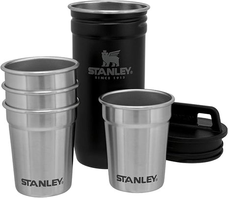 Stanley Adventure Pre-Party Flask & Nesting Shot Glass Set 8 oz Leakproof Hip Flask 4 Shot Glasses in Travel Carrying Case Insulated Stainless Steel Liquor BPA-Free Matte Black(Pack of 4)