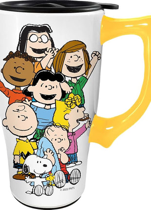 Spoontiques - Ceramic Travel Coffee Mug with Lid and Handle - Spill Proof Lid - Double Walled Mug for Hot and Cold Beverages - Microwave and Dishwasher Safe - Peanuts