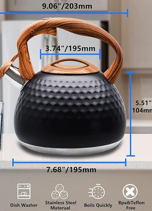 Tea Kettle Stovetop, 3.2 Qt Stainless Steel Whistling Kettle for Stove Top, Food Grade Teapot with Wood Pattern Handle for Coffee, Milk etc, Gas Electric Applicable (Black)