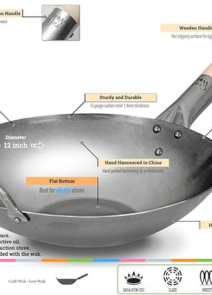 Craft Wok Flat Hand Hammered Carbon Steel Pow Wok with Wooden and Steel Helper Handle (12 Inch, Flat Bottom) / 731W316-12in