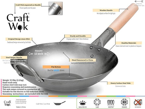 Craft Wok Flat Hand Hammered Carbon Steel Pow Wok with Wooden and Steel Helper Handle (12 Inch, Flat Bottom) / 731W316-12in