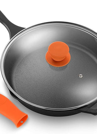NutriChef 10 Inch Cast Iron Skillet with Lid - Pre-Seasoned Small Fry Pan with Side Drip Spout and Silicone Handle