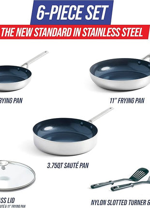 Blue Diamond Cookware Tri-Ply Stainless Steel Ceramic Nonstick, 6 Piece Cookware Pots and Pans Set, PFAS-Free, Multi Clad, Induction, Dishwasher Safe, Oven Safe, Silver