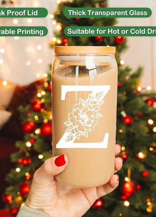 Coolife Initial Glass Cup, Monogrammed Gifts for Women, 16 oz Glass Cups w/Lids Straws, Iced Coffee Smoothie Beer Tumbler w/Straw Lid - Personalized Christmas, Birthday Gifts for Her Mom Friend Woman