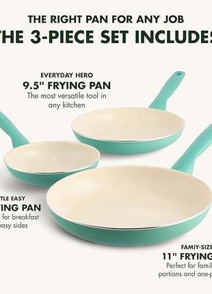 GreenPan Rio Healthy Ceramic Nonstick 7" 9.5" and 11" Frying Pan Skillet Set, PFAS-Free, Dishwasher Safe, Turquoise