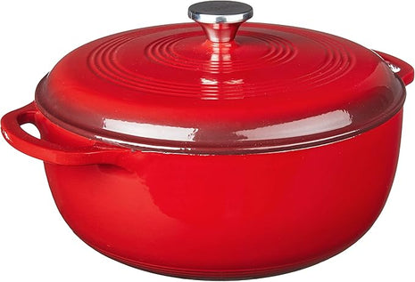 Lodge 7.5 Quart Enameled Cast Iron Dutch Oven with Lid – Dual Handles – Oven Safe up to 500° F or on Stovetop - Use to Marinate, Cook, Bake, Refrigerate and Serve – Island Spice Red