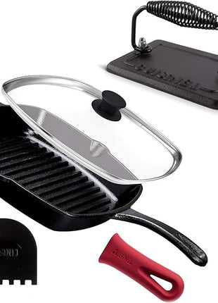 Cuisinel Cast Iron Grill Pan + Rectangular Cast Iron Grill Press + Tempered Glass Lid + Pan Scraper – Pre-Seasoned Ribbed Skillet – 10.5"-Inch Square Grilling Indoor/Outdoor Camping Fire BBQ Cookware