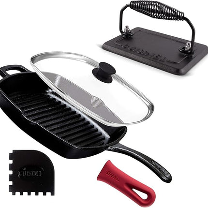 Cuisinel Cast Iron Grill Pan + Rectangular Cast Iron Grill Press + Tempered Glass Lid + Pan Scraper – Pre-Seasoned Ribbed Skillet – 10.5"-Inch Square Grilling Indoor/Outdoor Camping Fire BBQ Cookware