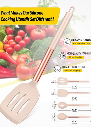 Pack of 4 Silicone Cooking Utensils Set, Non Stick Large Solid Spatulas, Heat Resistant Rose Gold Khaki Slotted Spoons, Ideal BPA Free Kitchen Turners for Frying, Mixing,Serving,Draining,Turning