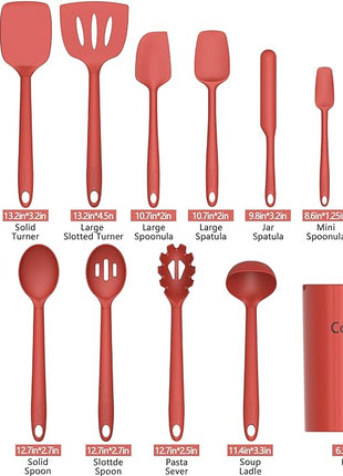 Coukre Silicone Kitchen Cooking Utensils Set with Holder – Heat-Resistant, Food-Grade Kitchen Tools, Spatula, Spoon & Gadgets for Non-Stick Pans, Dishwasher Safe (14, PureRed)