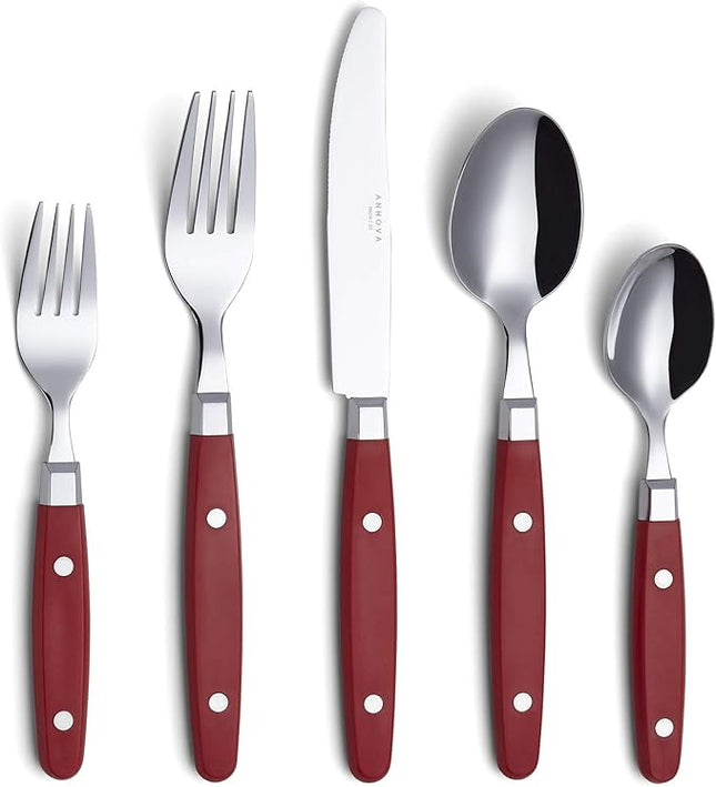 ANNOVA Silverware Set, Retro/Rivet Colorful Stainless Steel Tableware Kitchen Flatware Set Utensils, Includes Dinner Knives, Forks, Spoons, Salad Forks & Dessert Spoons (Red, 20 Pieces)