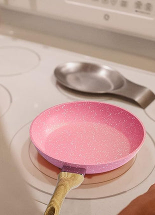 Frying Pan Nonstick, 9.5 Inch Pink Egg Pan, Non Stick Fry Pan 100% PTFE PFOA-Free Omelet Skillet Pan, Toxin-Free Skillets Stone Cookware, Anti-Warp Base with All Stove Tops, Induction Compatible