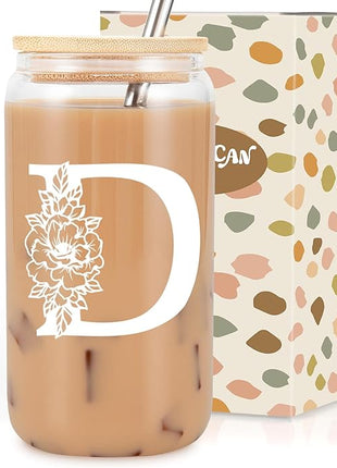 Coolife Initial Glass Cup, Monogrammed Gifts for Women, 16 oz Glass Cups w/Lids Straws, Iced Coffee Smoothie Beer Tumbler w/Straw Lid - Personalized Christmas, Birthday Gifts for Her Mom Friend Woman
